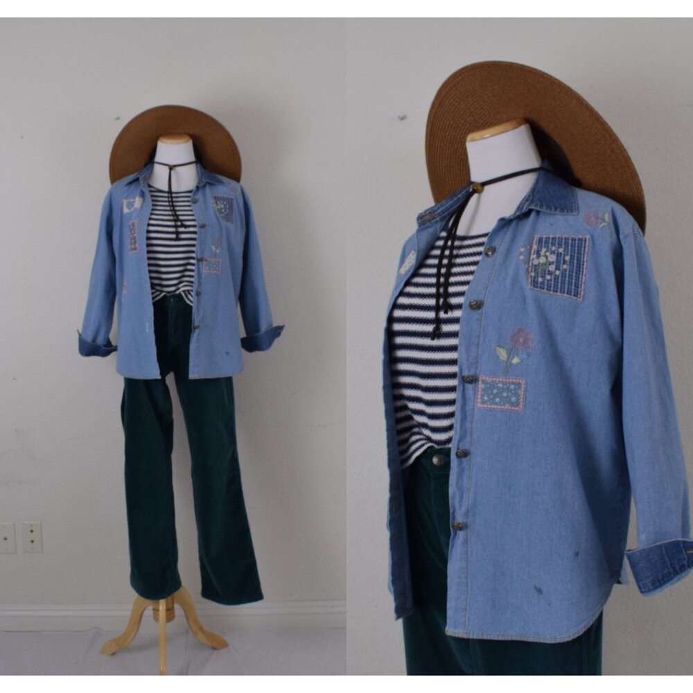 Vintage 80s Embroidered‎ Denim Shirt size PS